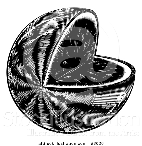 Vector Illustration of a Black and White Vintage Woodcut Watermelon with a Missing Wedge