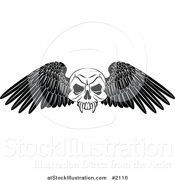 Vector Illustration of a Black and White Winged Skull Tattoo Design