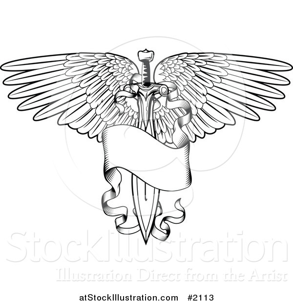Vector Illustration of a Black and White Winged Sword and Banner Tattoo Design