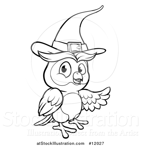 Vector Illustration of a Black and White Witch Owl Wearing a Hat