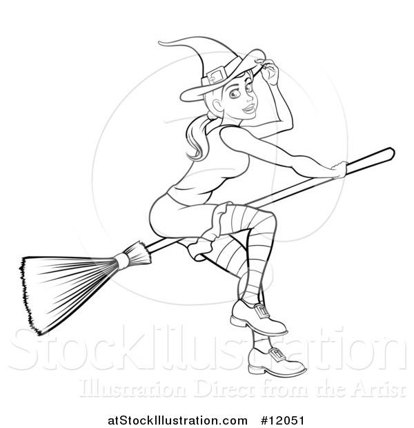 Vector Illustration of a Black and White Witch Tipping Her Hat and Flying on a Broomstick