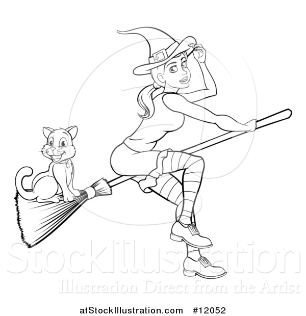 Vector Illustration of a Black and White Witch Tipping Her Hat and Flying on a Broomstick with Her Cat