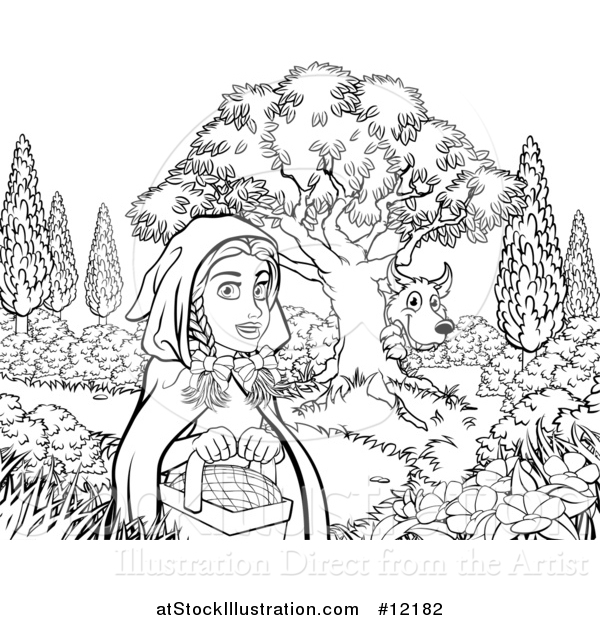 Vector Illustration of a Black and White Wolf Stalking Little Red Riding Hood