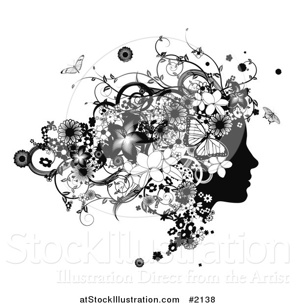 Vector Illustration of a Black and White Woman's Face in Profile, with Flowers and Butterflies