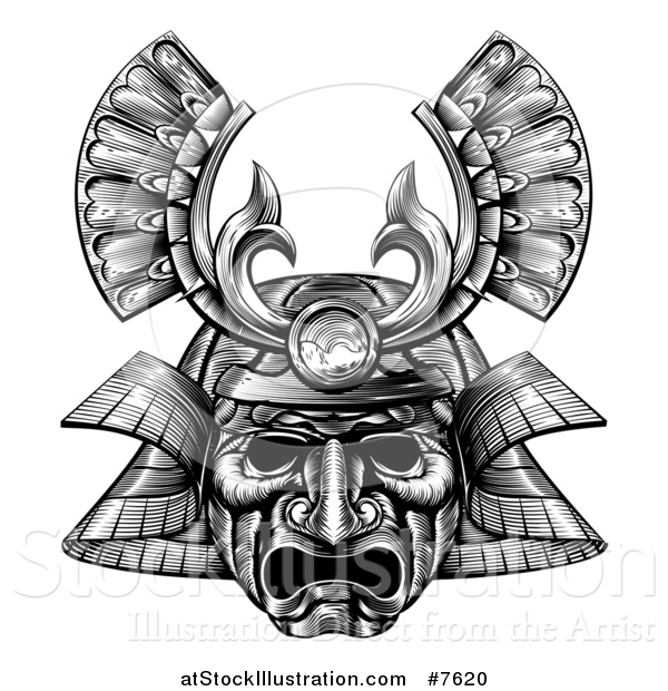 Vector Illustration of a Black and White Woodblock Styled Samurai Mask