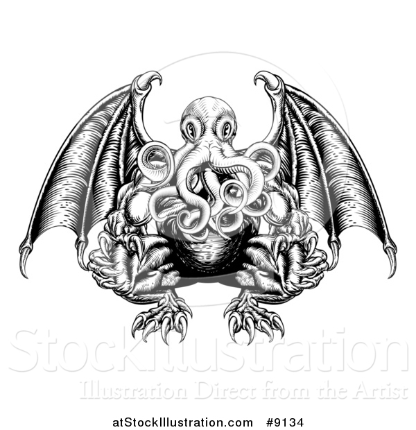 Vector Illustration of a Black and White Woodblock Winged Octopus Cthulhu Monster