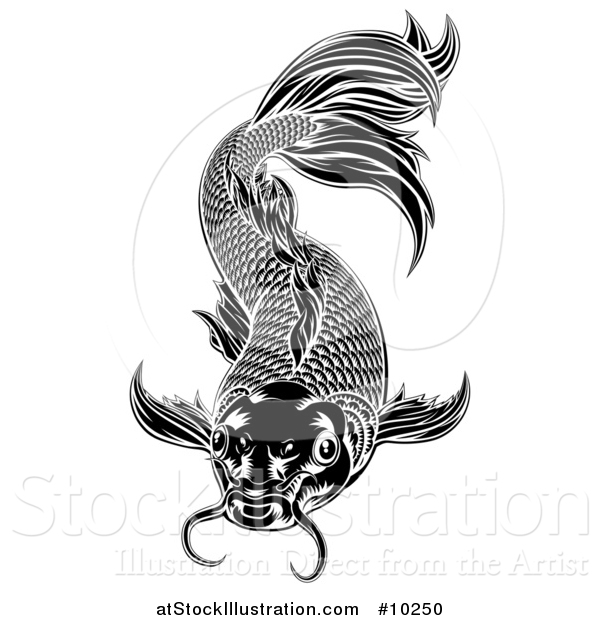 Vector Illustration of a Black and White Woodcut Carp Koi Fish