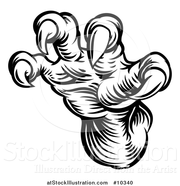 Vector Illustration of a Black and White Woodcut Dragon Claws