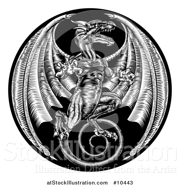 Vector Illustration of a Black and White Woodcut Dragon in a Circle