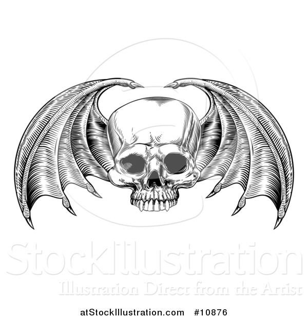 Vector Illustration of a Black and White Woodcut Etched or Engraved Bat or Dragon Winged Skull