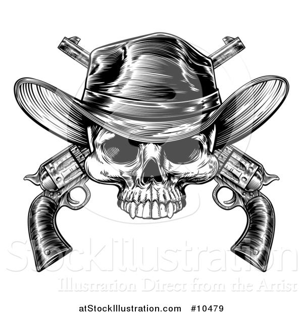 Vector Illustration of a Black and White Woodcut Etched or Engraved Cowboy Skull over Crossed Pistols