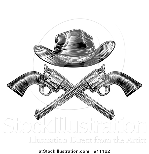 Vector Illustration of a Black and White Woodcut Etched or Engraved Crossed Cowboy Hat over Vintage Revolver Pistols