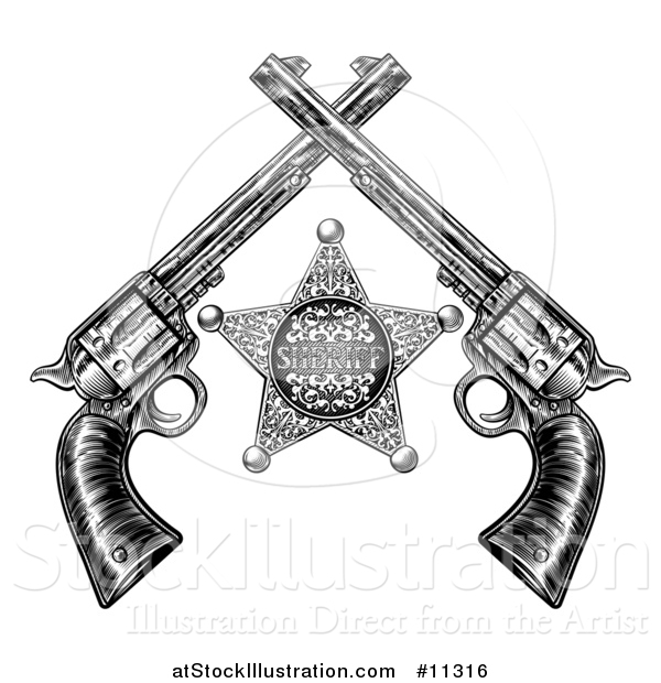Vector Illustration of a Black and White Woodcut Etched or Engraved Sheriff Star and Crossed Vintage Revolver Pistols