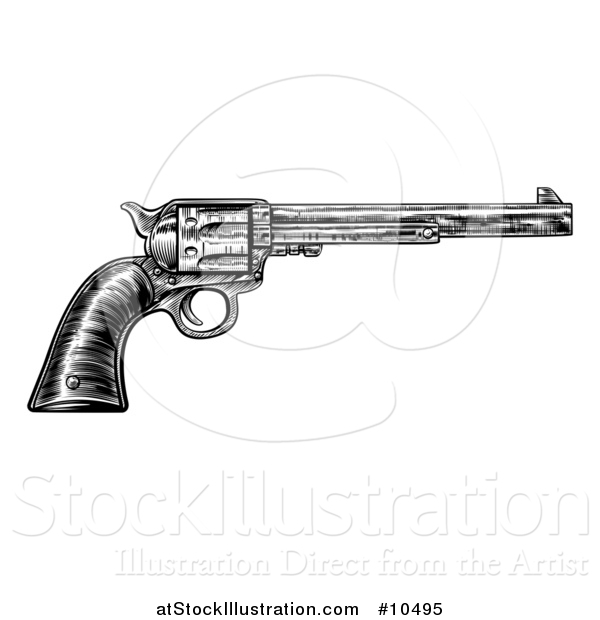 Vector Illustration of a Black and White Woodcut Etched or Engraved Vintage Pistol