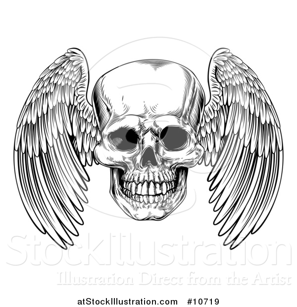 Vector Illustration of a Black and White Woodcut Etched or Engraved Winged Human Skull