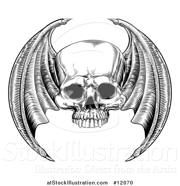 Vector Illustration of a Black and White Woodcut Etched or Engraved Winged Skull