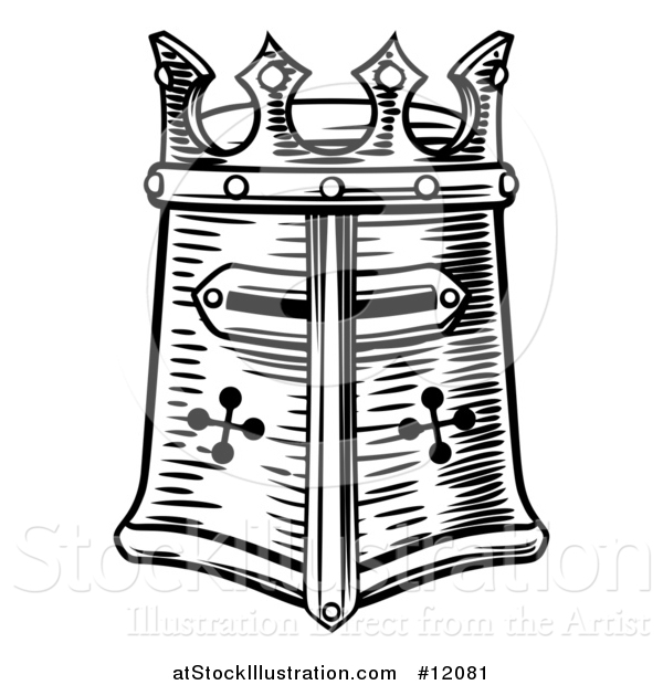 Vector Illustration of a Black and White Woodcut Knights Great Helm, Helmet