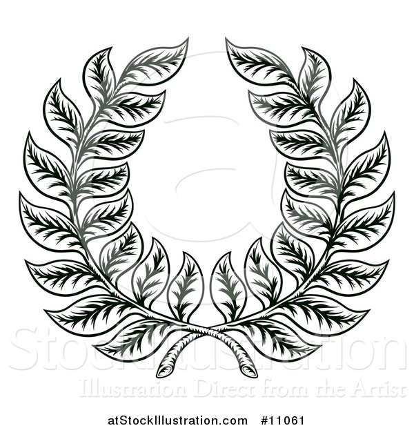 Vector Illustration of a Black and White Woodcut Laurel Wreath