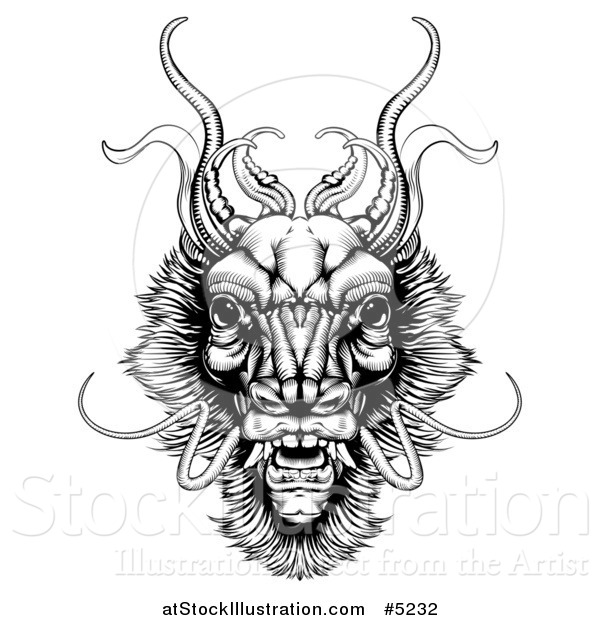 Vector Illustration of a Black and White Woodcut Monster Dragon Head
