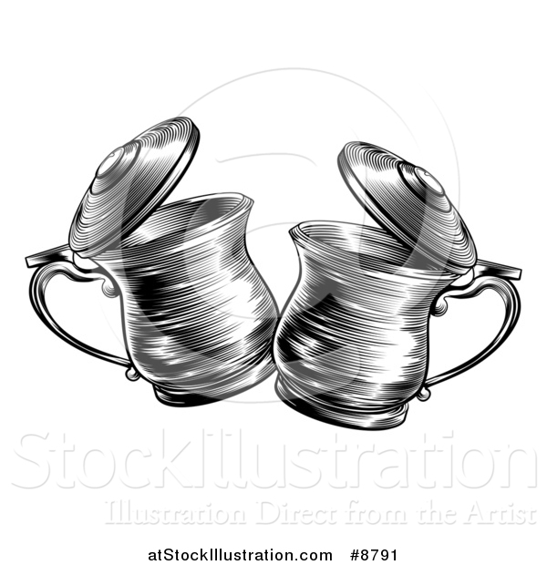 Vector Illustration of a Black and White Woodcut or Engraved Beer Steins or Tankards Chinking Together in a Toast