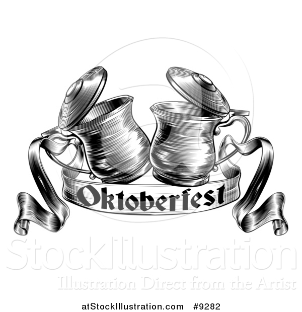 Vector Illustration of a Black and White Woodcut or Engraved Beer Steins or Tankards Chinking Together in a Toast over an Oktoberfest Ribbon Banner