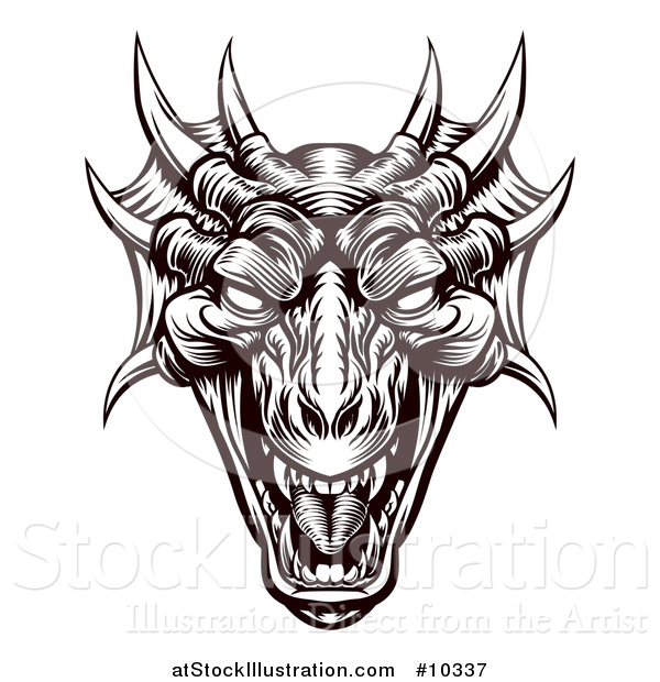 Vector Illustration of a Black and White Woodcut or Engraved Dragon or Monster Head