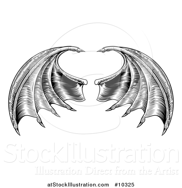 Vector Illustration of a Black and White Woodcut or Engraved Pair of Bat or Dragon Wings