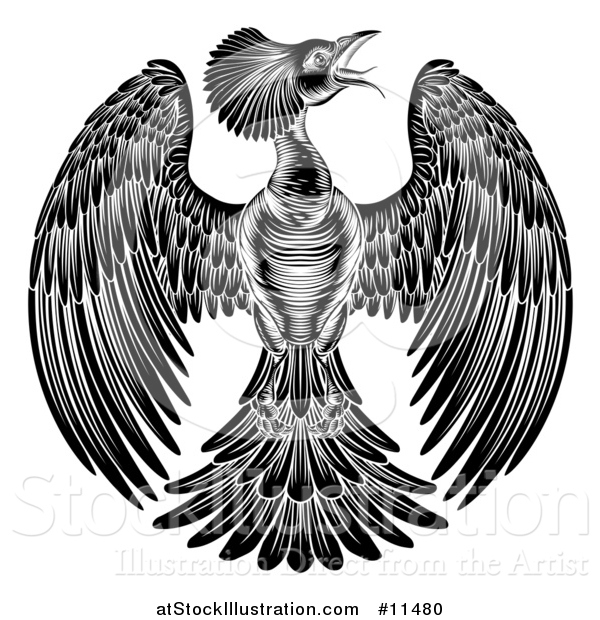 Vector Illustration of a Black and White Woodcut or Engraved Phoenix Firebird