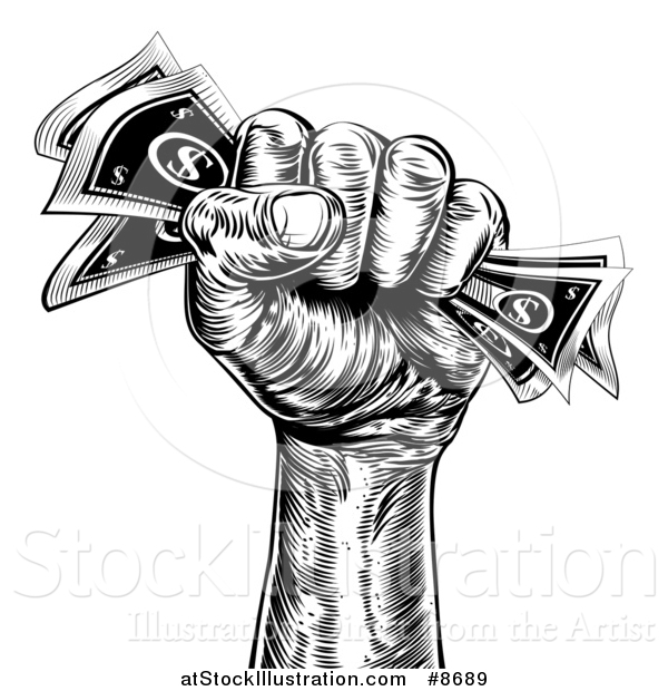 Vector Illustration of a Black and White Woodcut or Engraved Revolutionary Fist Holding Cash Money