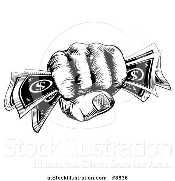 Vector Illustration of a Black and White Woodcut or Engraved Revolutionary Fisted Hand Holding Cash Money