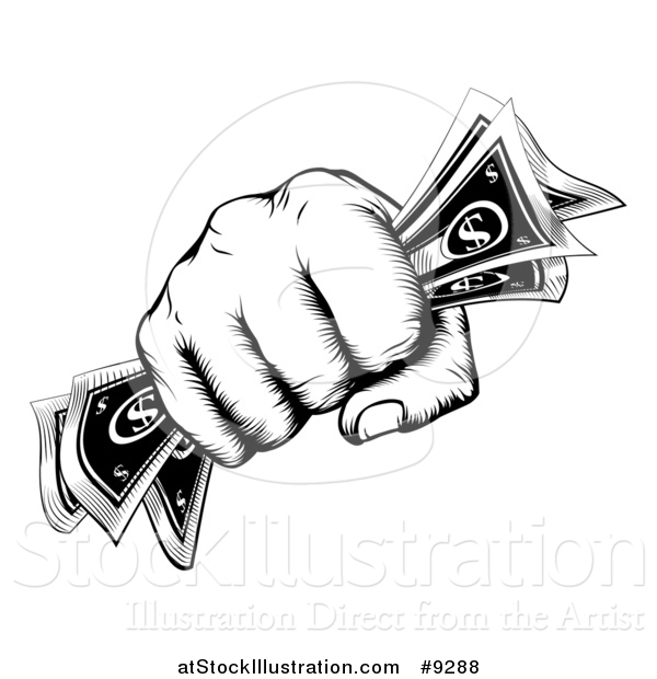 Vector Illustration of a Black and White Woodcut or Engraved Revolutionary Fisted Hand Holding Cash Money