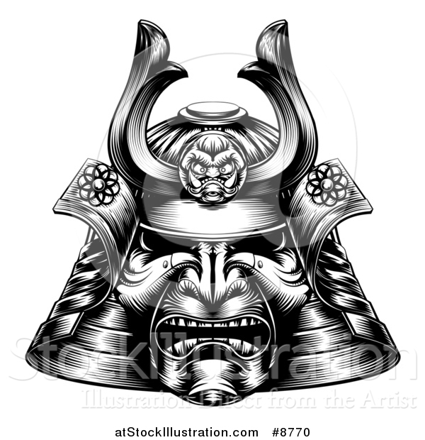 Vector Illustration of a Black and White Woodcut or Engraved Samurai Mask