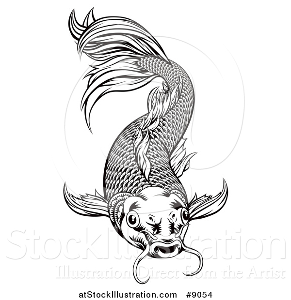 Vector Illustration of a Black and White Woodcut Oriental Styled Koi Fish