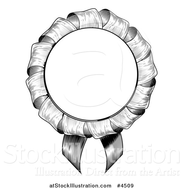 Vector Illustration of a Black and White Woodcut Rosette Ribbon