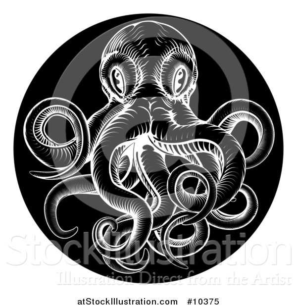 Vector Illustration of a Black and White Woodcut Vintage Octopus in a Black Circle