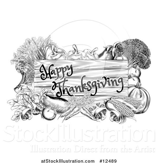 Vector Illustration of a Black and White Wooden Happy Thanksgiving Sign Framed in Produce Vegetables