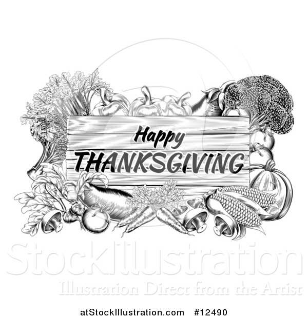 Vector Illustration of a Black and White Wooden Happy Thanksgiving Sign Framed in Produce Vegetables