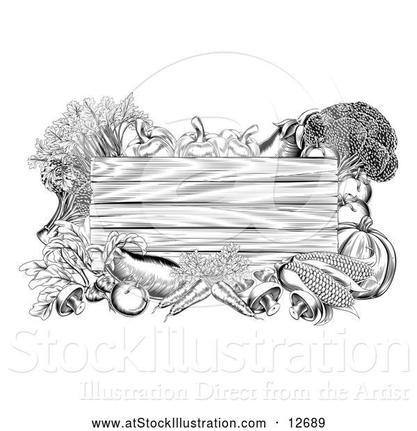 Vector Illustration of a Black and White Wooden Sign Framed in Produce Vegetables