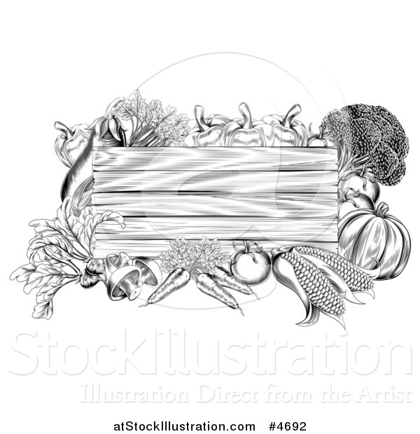 Vector Illustration of a Black and White Wooden Sign with Produce