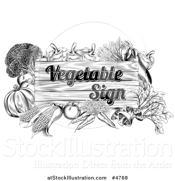 Vector Illustration of a Black and White Wooden Vegetable Sign with Produce