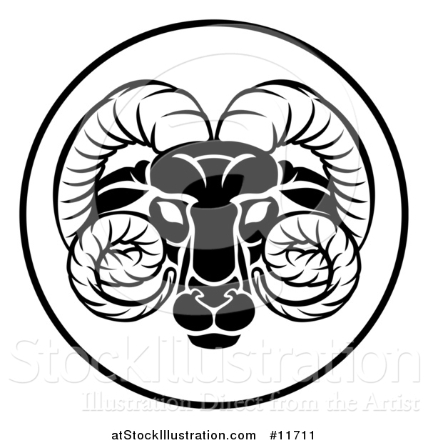 Vector Illustration of a Black and White Zodiac Horoscope Astrology Aries Ram Circle Design