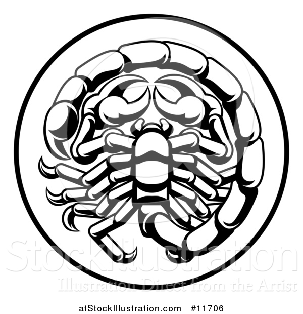 Vector Illustration of a Black and White Zodiac Horoscope Astrology Scorpio Circle Design