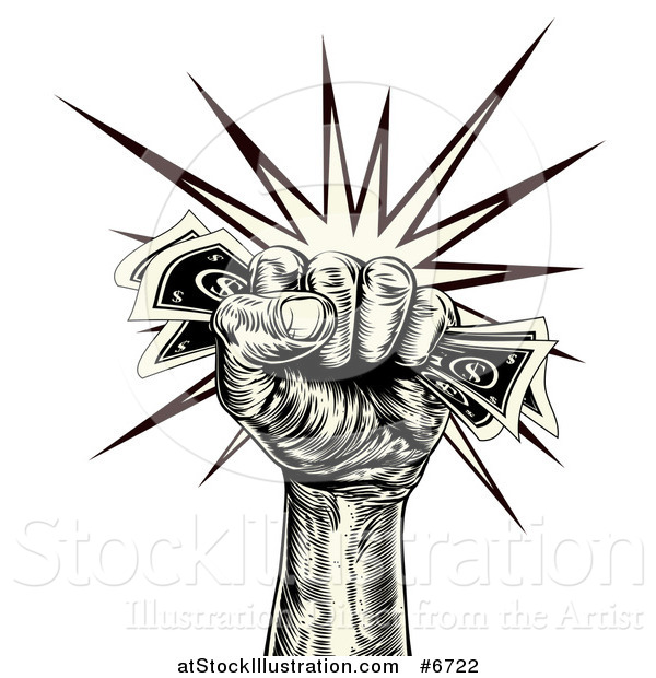 Vector Illustration of a Black and Yellow Engraved Revolutionary Fist Holding Money
