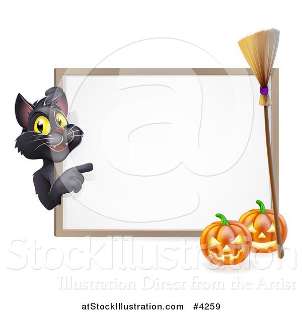 Vector Illustration of a Black Cat Pointing to a White Board Halloween Sign with Pumpkins and a Broomstick