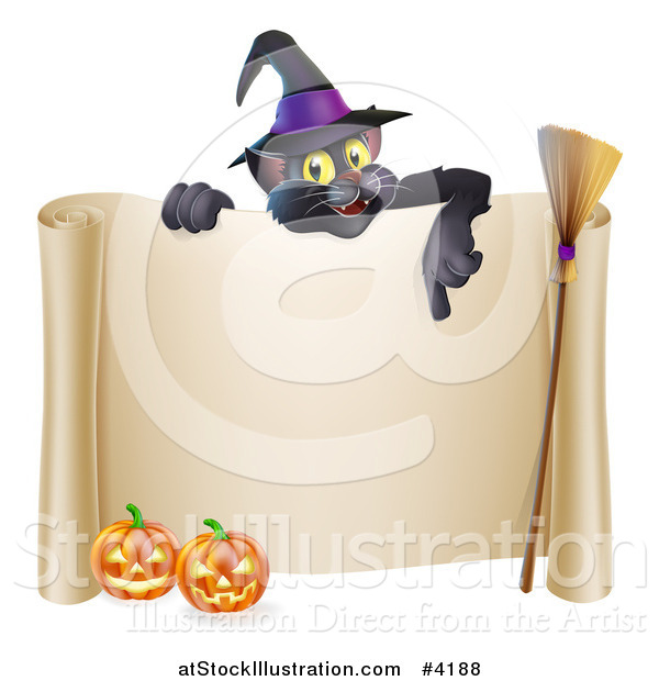 Vector Illustration of a Black Cat Wearing a Witch Hat and Pointing down at a Halloween Sign with Pumpkins and a Broomstick