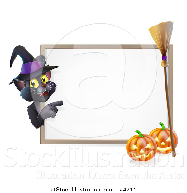 Vector Illustration of a Black Cat Wearing a Witch Hat and Pointing to a Halloween Sign with Pumpkins and a Broomstick