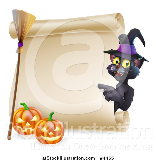 Vector Illustration of a Black Cat Wearing a Witch Hat and Pointing to a Scroll Sign with a Broomstick and Halloween Pumpkins