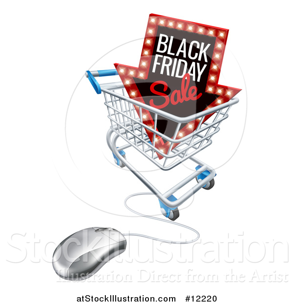 Vector Illustration of a Black Friday Sale Arrow Marquee Sign in a Shopping Cart with a Computer Mouse