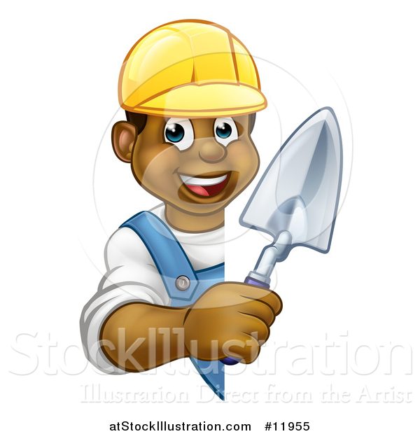 Vector Illustration of a Black Male Mason Worker Holding a Trowel Around a Sign