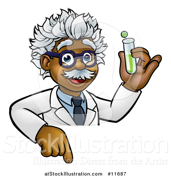 Vector Illustration of a Black Male Scientist Pointing down and Holding a Test Tube over a Sign